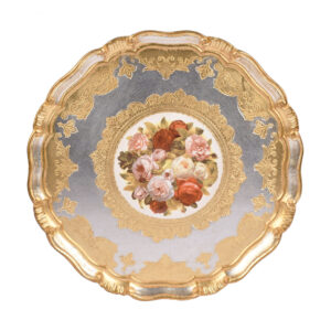 صينية تقديم خشب ايطالي مدورة لون فضي ذهبي بالورد