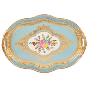 صينية أوفال بيضاوي خشب ايطالي لون سماوي ذهبي بالورد