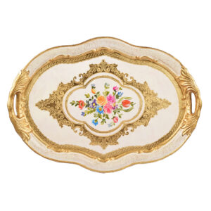 صينية أوفال بيضاوي خشب ايطالي لون أبيض ذهبي بالورد