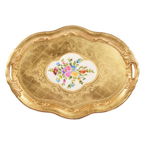 صينية أوفال بيضاوي خشب ايطالي لون ذهبي بالورد