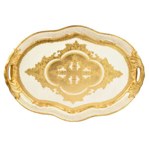 صينية أوفال بيضاوي خشب ايطالي لون أبيض ذهبي