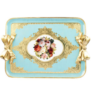 صينية تقديم خشب ايطالي مستطيلة لون سماوي ذهبي بالورد