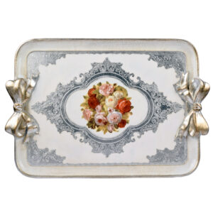 صينية تقديم خشب ايطالي مستطيلة لون أبيض فضي بالورد