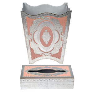 طقم سلة مهملات وعلبة مناديل خشب ايطالي لون زهري فضي