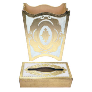 طقم سلة مهملات وعلبة مناديل خشب ايطالي لون أبيض ذهبي