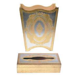 طقم سلة مهملات وعلبة مناديل خشب ايطالي لون فضي ذهبي