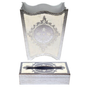 طقم سلة مهملات وعلبة مناديل خشب ايطالي لون أبيض فضي