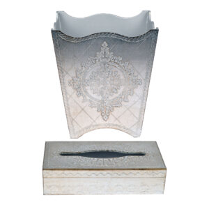 طقم سلة مهملات وعلبة مناديل خشب ايطالي لون فضي