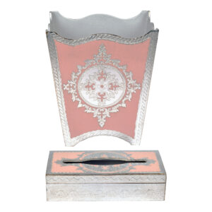 طقم سلة مهملات وعلبة مناديل خشب ايطالي لون زهري فضي