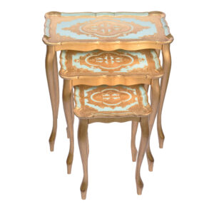 طقم طاولات خشب إيطالي ثلاث قطع لون سماوي ذهبي