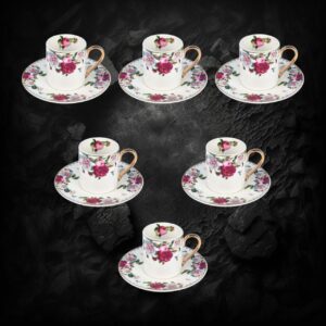 طقم فناجين قهوة تركية 6+6 لموج أبيض ذهبي مع الورد