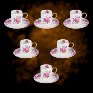 طقم فناجين قهوة تركية 6+6 لموج أبيض ذهبي مع الورد