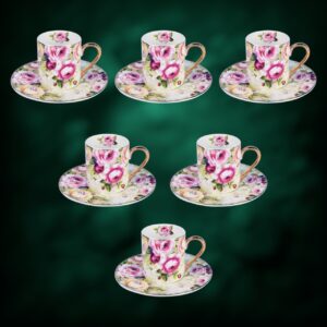 طقم فناجين قهوة تركية 6+6 لموج أبيض ذهبي مع الورد