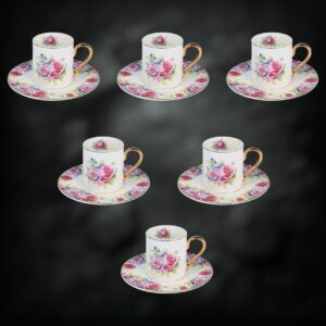 طقم فناجين قهوة تركية 6+6 لموج أبيض ذهبي مع الورد