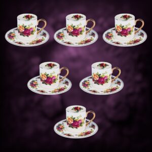 طقم فناجين قهوة تركية 6+6 لموج أبيض ذهبي مع الورد