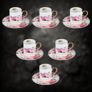 طقم فناجين قهوة تركية 6+6 لموج أبيض ذهبي مع الورد