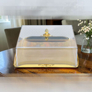 صينية اكرليك انكليش كيك مربعة 31*31سم مع غطاء شفاف ذهبي
