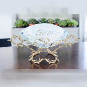 صحن كريستال مضلع مع قاعدة نحاسية لون ذهبي