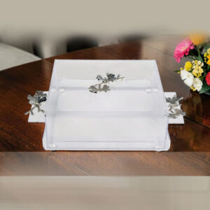 صينية أكرليك شفافة مربعة مقاس كبير مع غطاء و فراشات لون فضي