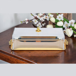 صينية اكرليك انكليش كيك مستطيلة مع غطاء شفاف ذهبي